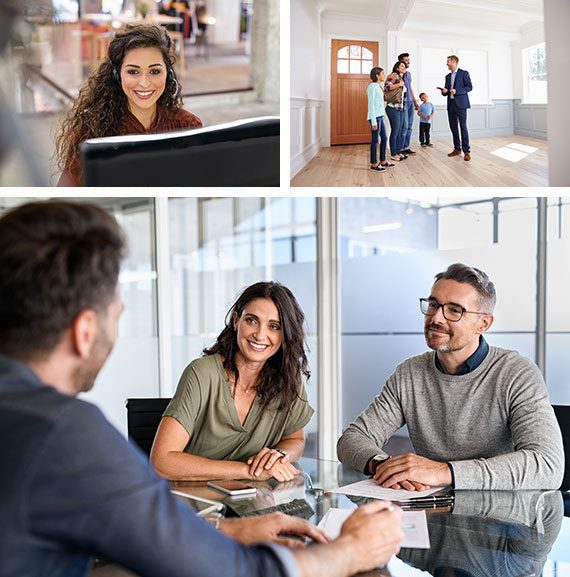 Collage picture of support agent looking at a computer, a realtor showing off a house to a young family, and an agent discussing property management plans